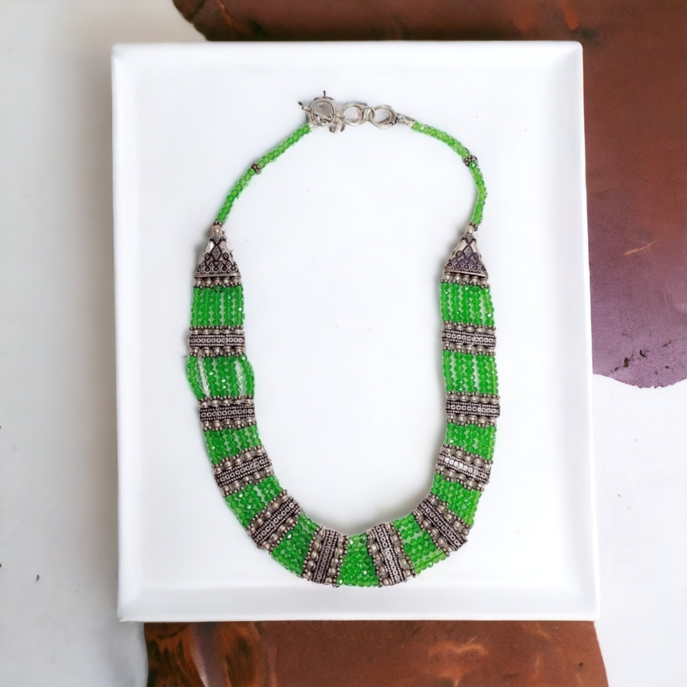 Bohemian Green & Silver‎ Multi Strand Beaded Bib Style Necklace